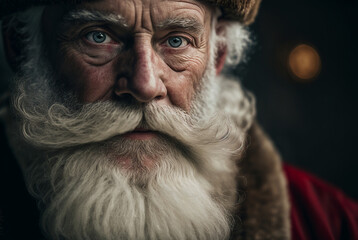 neutral or serious or serious or critical look and facial expression Santa Claus with a long gray beard, close-up of the face and eyes and beard. Generative AI