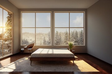 Luxurious Minimal Modern Bedroom Interior with Large Windows in Winter Made with Generative AI