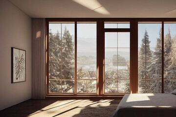 Winter Modern Bedroom Interior with Window View Made with Generative AI