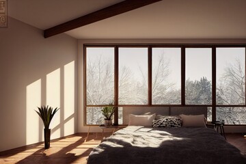 Cozy Modern Bedroom Interior with Modern Windows Made with Generative AI