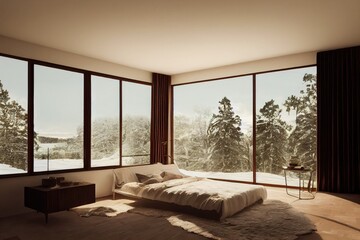Beautiful Primary Bedroom Modern Interior with Large Open Concept No Grid Windows Made with Generative AI