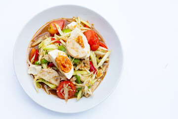 Spicy papaya salad with salted egg and vietnamese pork sausage