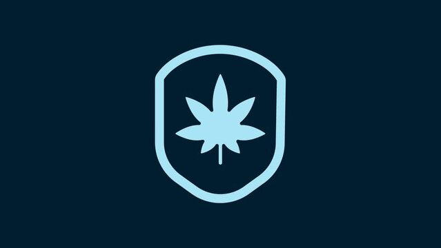 White Shield and marijuana or cannabis leaf icon isolated on blue background. Marijuana legalization. Hemp symbol. 4K Video motion graphic animation