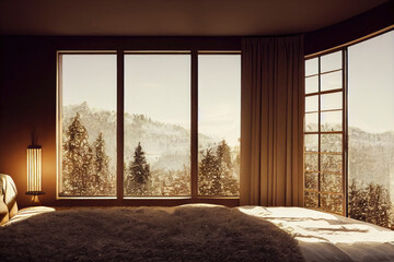 Beautiful Bedroom Interior with Mountain Views in Winter Made with Generative AI