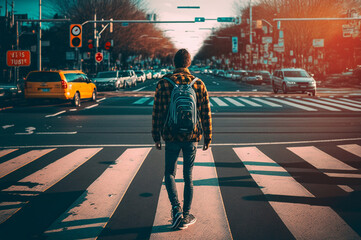 A student or young man with a backpack is standing on a street i