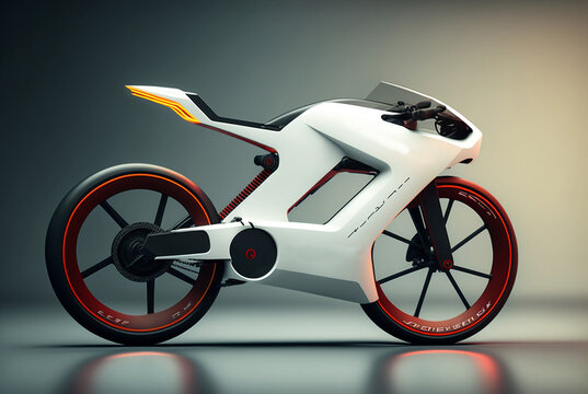 a simple modern design of a white motorbike stands upright, side