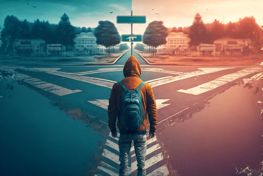 a schoolboy or young man with a backpack and a hoodie stands bef