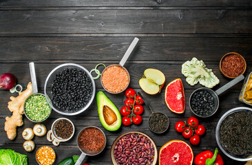 Organic food. Fresh vegetables and spices with legumes.