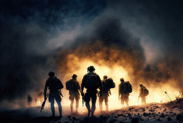 Fototapeta premium team of soldiers, soldiers with guns, rifle at the ready, in dar