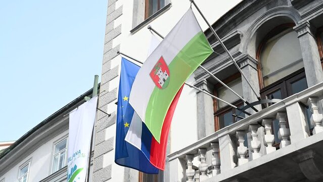 Flags of Slovenia, Ljubljana and European Union. 