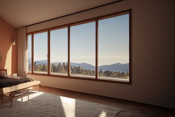 Minimal Modern Bedroom Interior with Mountain Views Made with Generative AI