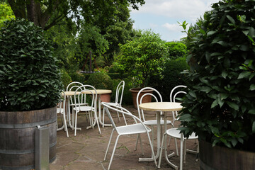 Beautiful garden with tables, chairs and green plants