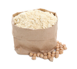 Chickpea flour in paper bag and seeds isolated on white