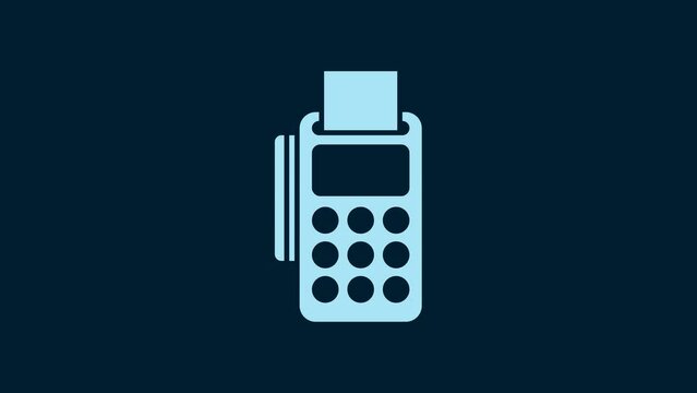 White POS terminal with inserted credit card and printed reciept icon isolated on blue background. NFC payment concept. 4K Video motion graphic animation