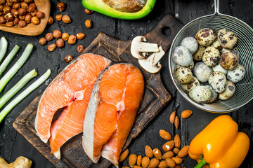 Healthy food. Raw salmon fish with organic food.