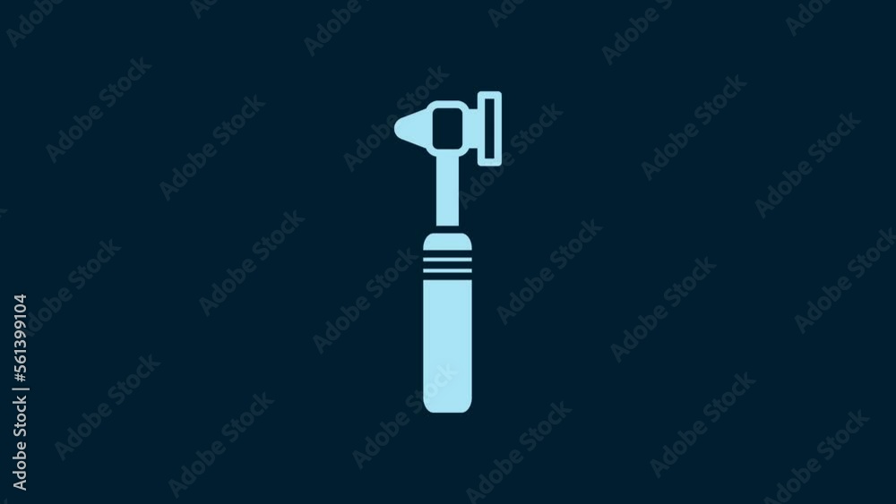 Sticker White Medical otoscope tool icon isolated on blue background. Medical instrument. 4K Video motion graphic animation