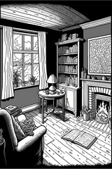 interior of a cozy bedroom in colouring book style, colouring page, cozy room coloring page