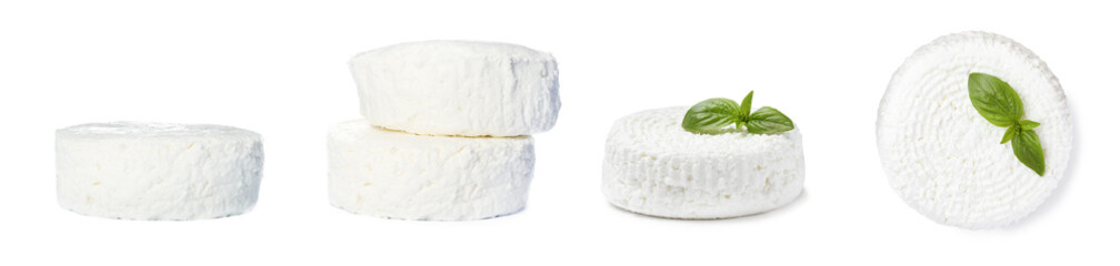 Collage with tasty cottage cheese on white background