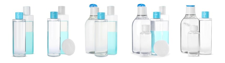 Set with bottles of micellar cleansing water and cotton pads on white background