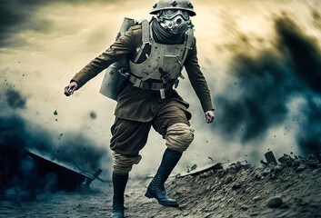 Naklejka premium WWI retrofuturistic soldier - generative ai