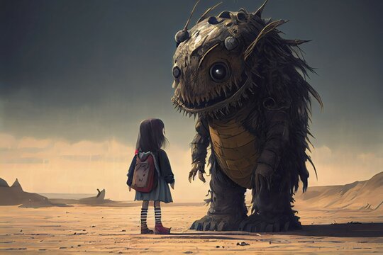 A Cute Adorable Little Girl And Her Pet Monster With Big Eyes Post Apocalyptic Era, Generative Ai