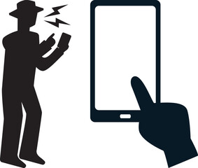 困っている感じでスマートフォンを操作する男性のシルエット