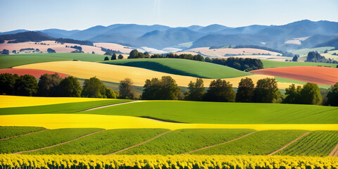 Fototapeta premium farm in farmland with a field of flowers and mountains in the background, with rolling hills and immaculate rows of crops