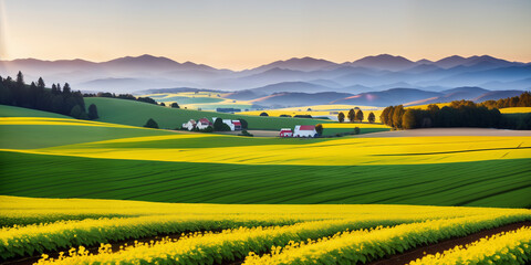 Obraz premium farm in farmland with a field of flowers and mountains in the background, with rolling hills and immaculate rows of crops