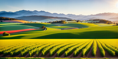 
farm in farmland with a field of flowers and mountains in the background, with rolling hills and immaculate rows of crops.