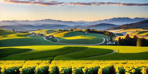 farm in farmland with a field of flowers and mountains in the background, with rolling hills and immaculate rows of crops