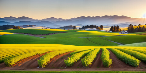 farm in farmland with a field of flowers and mountains in the background, with rolling hills and immaculate rows of crops