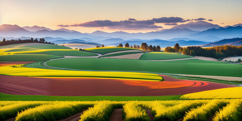 
farm in farmland with a field of flowers and mountains in the background, with rolling hills and immaculate rows of crops.