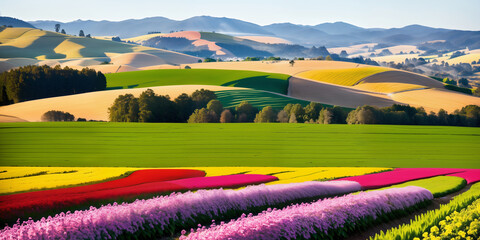 
farm in farmland with a field of flowers and mountains in the background, with rolling hills and immaculate rows of crops.