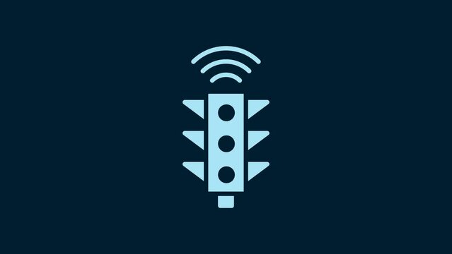 White Smart traffic light system icon isolated on blue background. Internet of things concept with wireless connection. 4K Video motion graphic animation