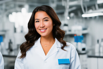 Fototapeta premium Hispanic researcher in laboratory next to microscope