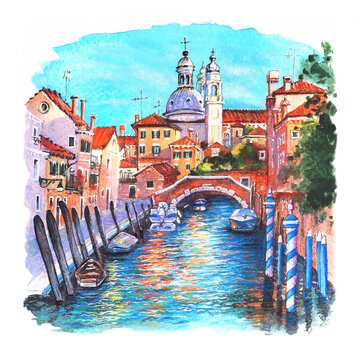 Watercolor sketch of San Trovaso church and canal with bright houses in Dorsoduro, Venice, Italy.