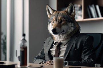 portrait of a wolf in a business suit at the office, generative ai - 561400712