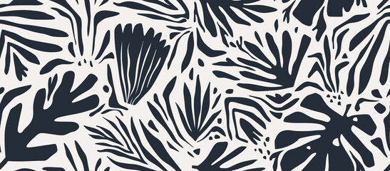 Fototapeta Hand drawn minimal abstract organic shapes seamless pattern, leaves and flowers. obraz