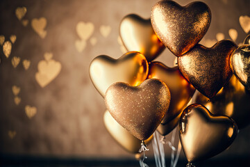 many golden heart-shaped balloons in front of shimmering background, generative ai