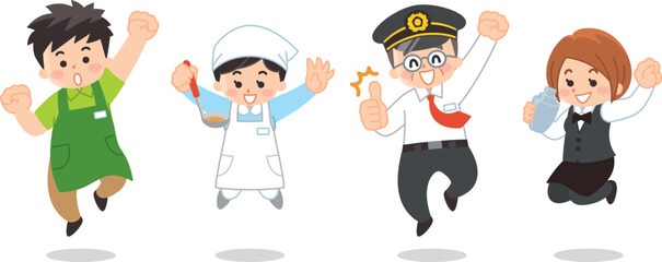 働く人々　スーパーの店員　栄養士　運転士　バーテンダー　販売員　料理人　ドライバー　ウエイトレス