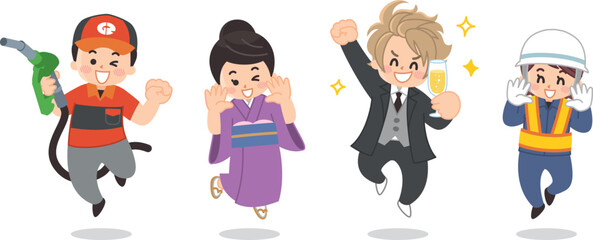 働く人々　ガソリンスタンド店員　女将　ホスト　警備員　支配人　給油スタッフ