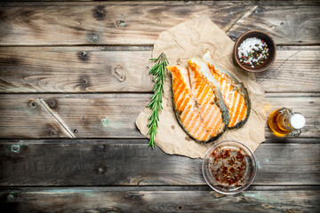 Grilled salmon with spices and rosemary.