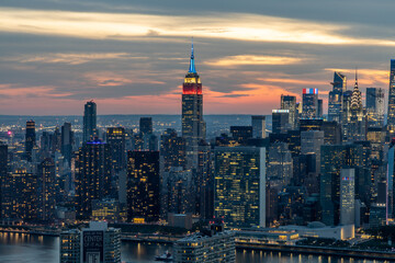 Aerial view of New York City skyline at sunset