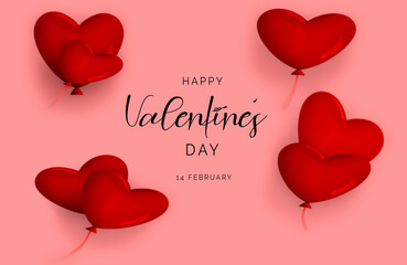Happy valentines day  background. Valentines day greeting card with typography and elements like gifts, red heart s in pink background