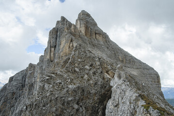 Dolomite rock wall at mountain range. Dolomites UNESCO Italian Alps landscape