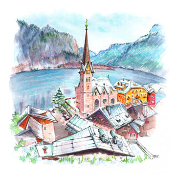 Colour watercolor sketch of famous Hallstatt mountain village in the Austrian Alps, Austria