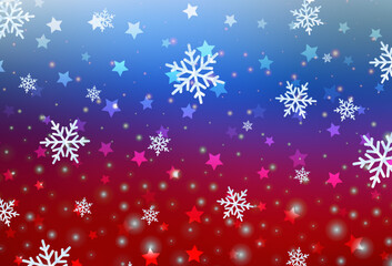 Light Blue, Red vector layout with bright snowflakes, stars.