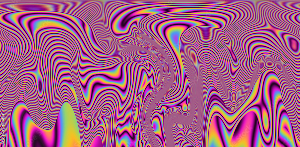 Poster texture of a glitched tv screen with wavy and distorted moire pattern in acid colors.
