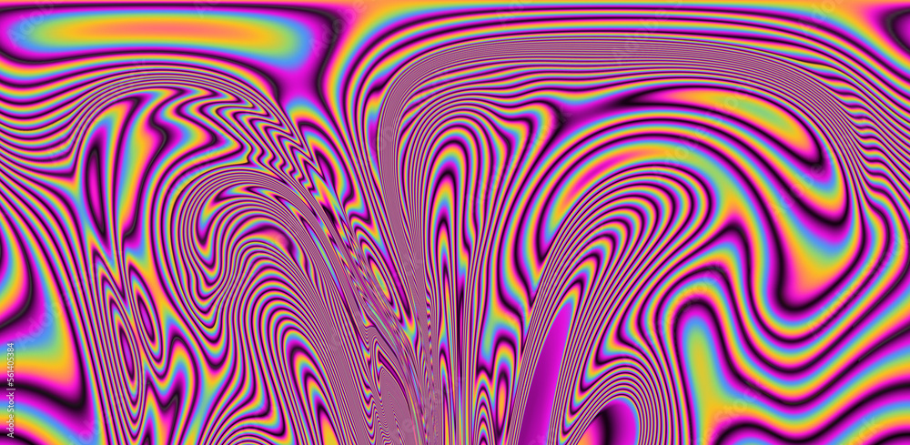 Poster texture of a glitched tv screen with wavy and distorted moire pattern in acid colors.