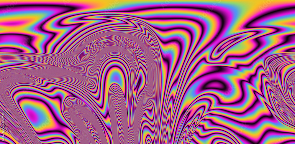 Poster texture of a glitched tv screen with wavy and distorted moire pattern in acid colors.